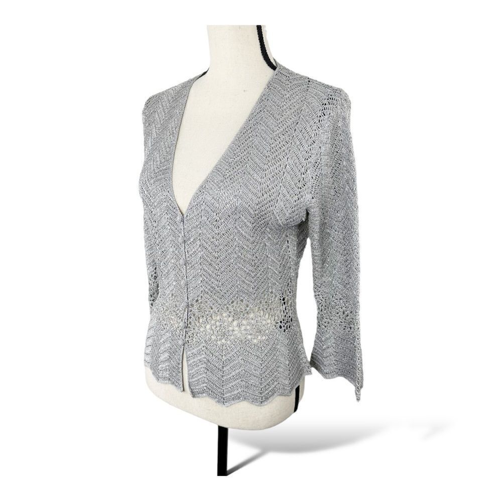 Carmen Marc Valvo Silver Crochet V-Neck Dressy Sweater w/Beading Bell Sleeve L